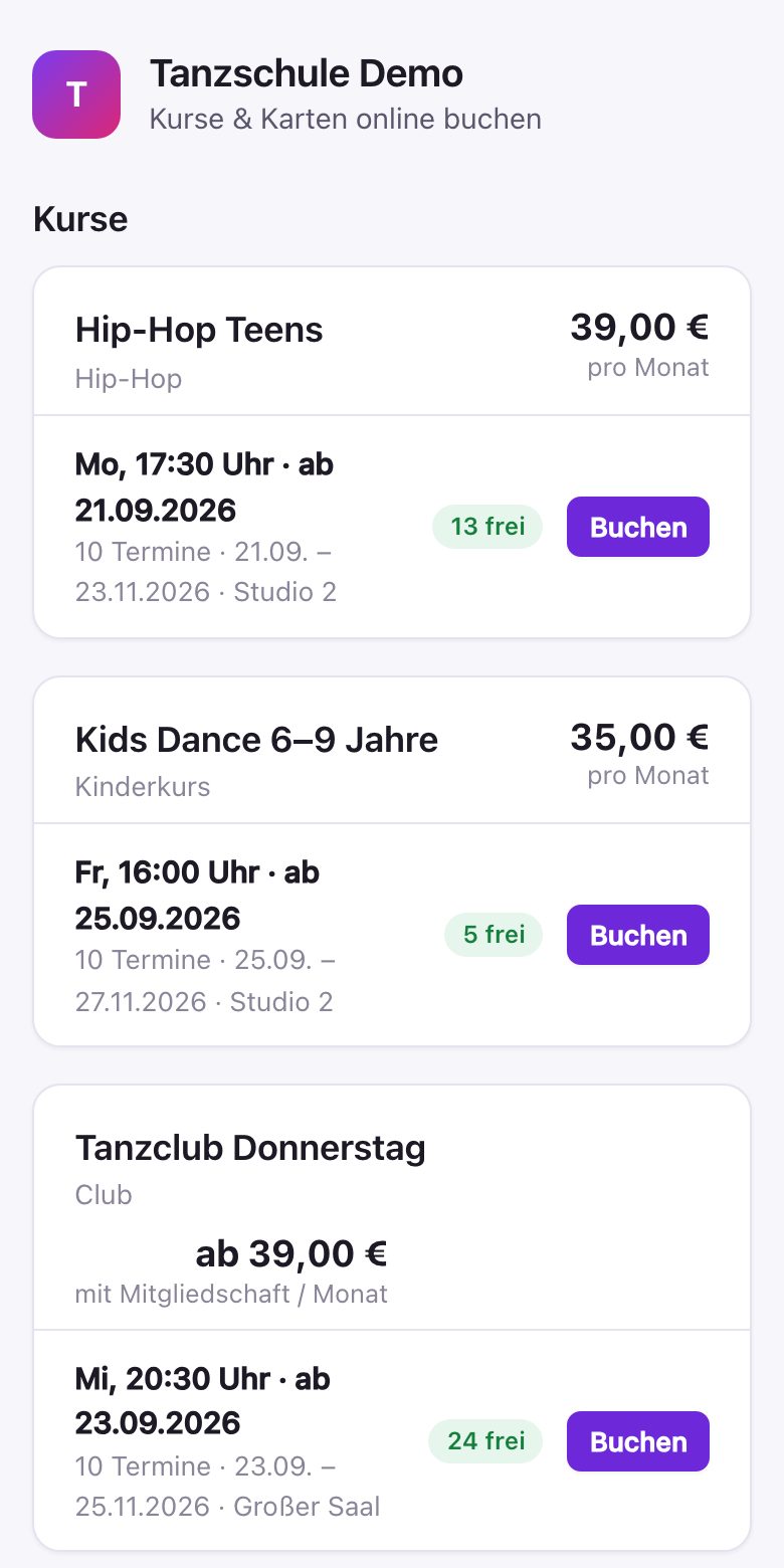 Online-Buchungsseite einer Tanzschule auf dem Smartphone