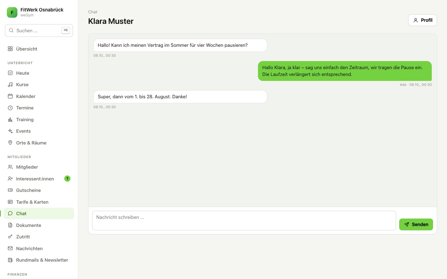Chat zwischen Studio und Mitglied