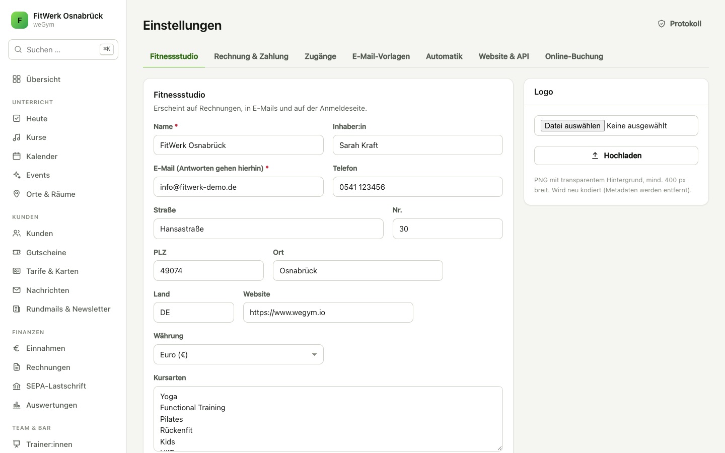 Einstellungen & Sonstiges in weGym