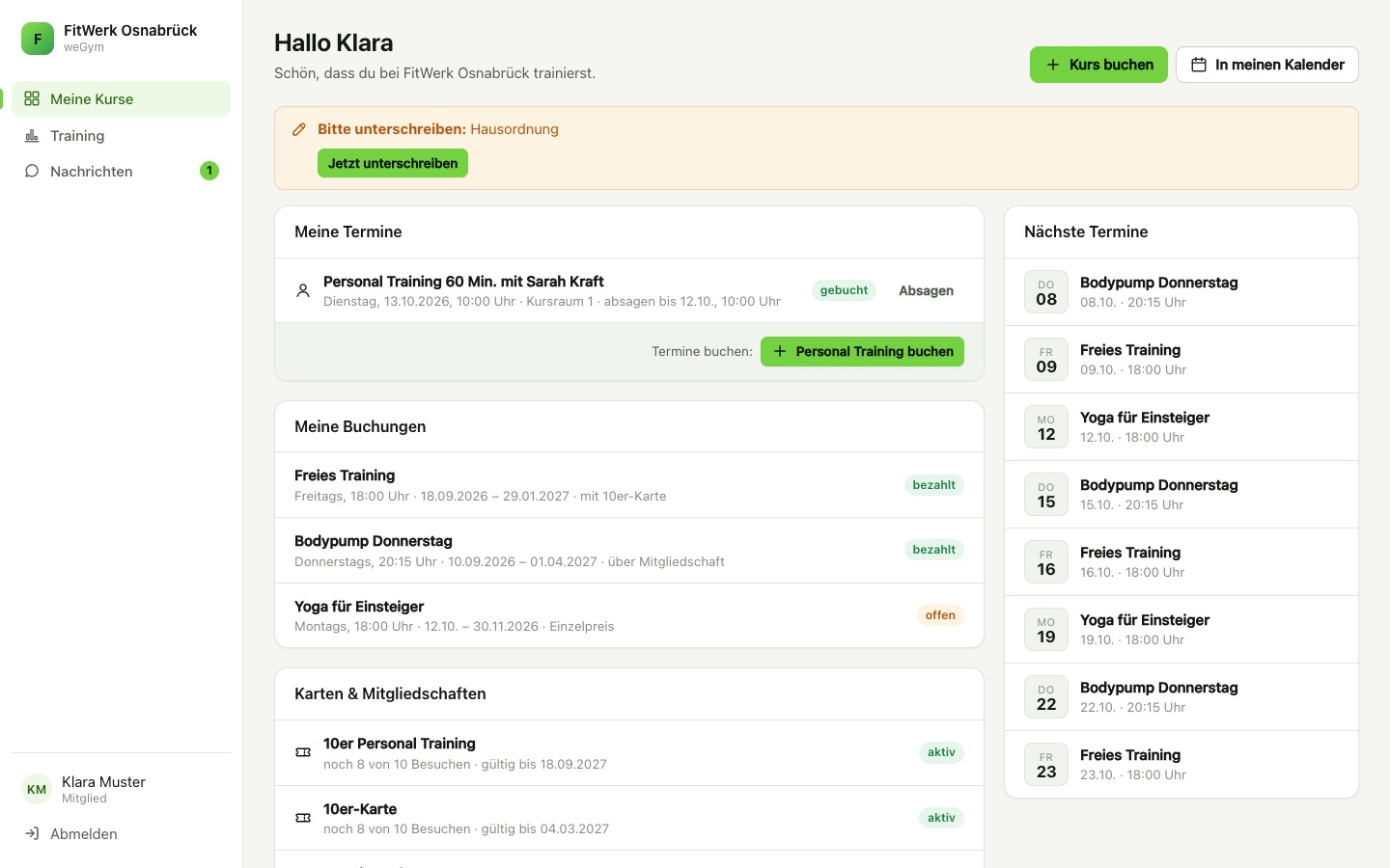 Mitgliederportal mit Terminen und Check-in-Code