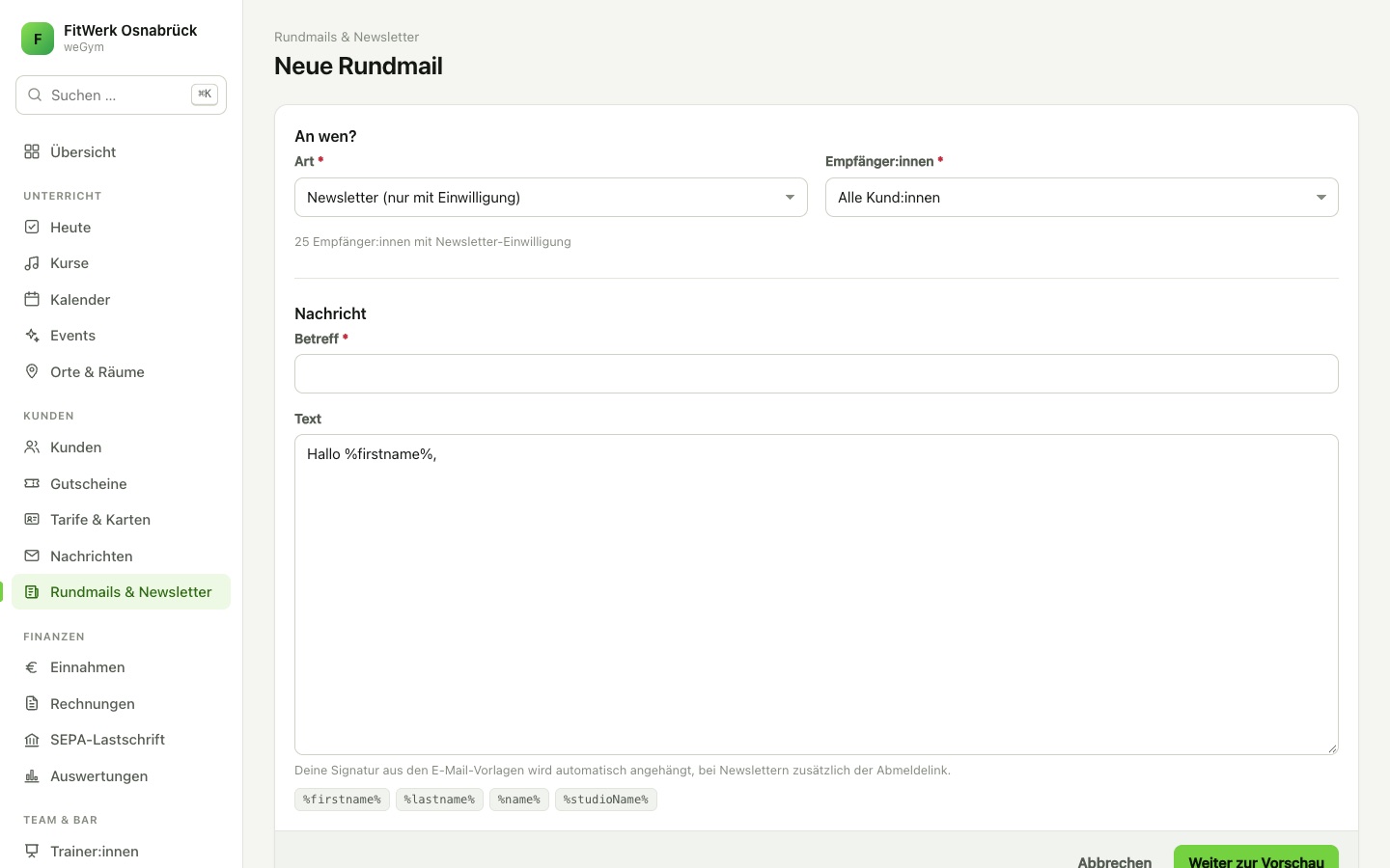 Newsletter & E-Mails in weGym