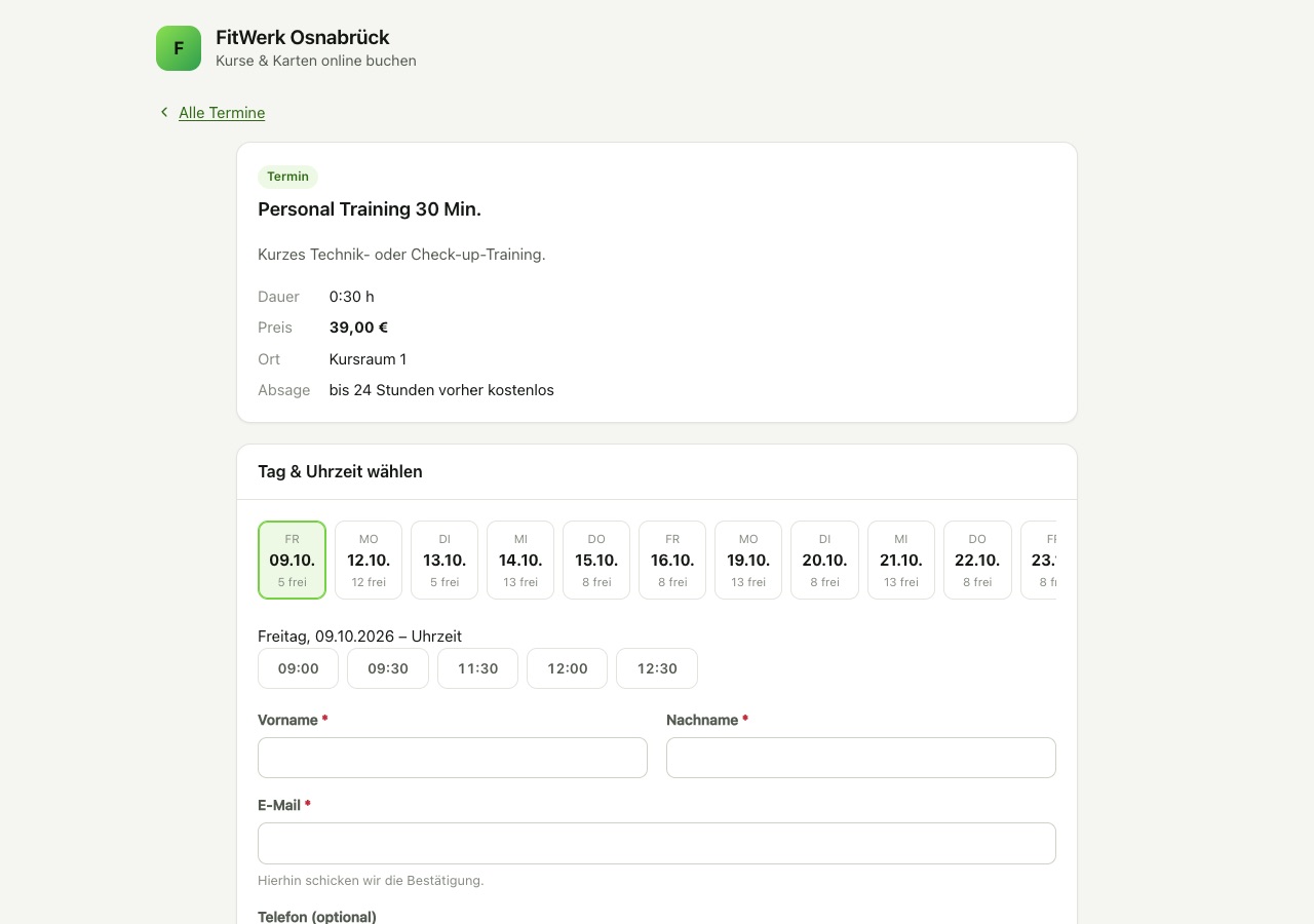 Buchungsseite für Personal Training mit freien Zeiten